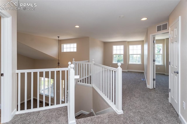 7292 Gardenstone Dr, Colorado Springs, CO 80922 - hallway featuring carpet flooring, an upstairs landing, and recessed lighting