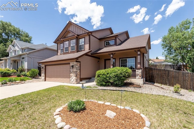 7292 Gardenstone Dr, Colorado Springs, CO 80922 - craftsman house with board and batten siding, stone siding, driveway, an attached garage, and a porch