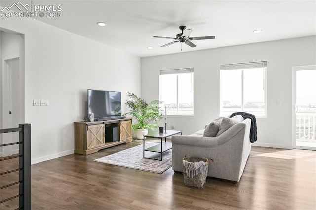 8309 Tom Ketchum Dr, Colorado Springs, CO 80908 - living area with a ceiling fan, wood finished floors, and recessed lighting