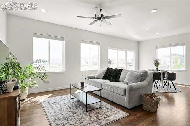 8309 Tom Ketchum Dr, Colorado Springs, CO 80908 - living room featuring plenty of natural light, ceiling fan, wood finished floors, and recessed lighting