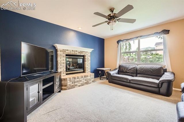 5480 Flag Way, Colorado Springs, CO 80919 - living room with carpet floors, a ceiling fan, and a fireplace