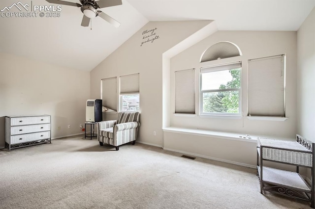 5480 Flag Way, Colorado Springs, CO 80919 - sitting room with carpet, lofted ceiling, a ceiling fan, and healthy amount of natural light