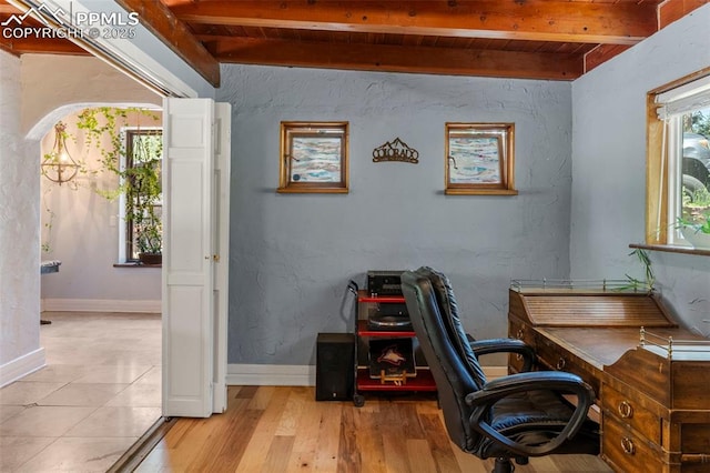 4440 Heizer St, Cascade, CO 80809 - office space with a wood ceiling with exposed beams and light wood-type flooring