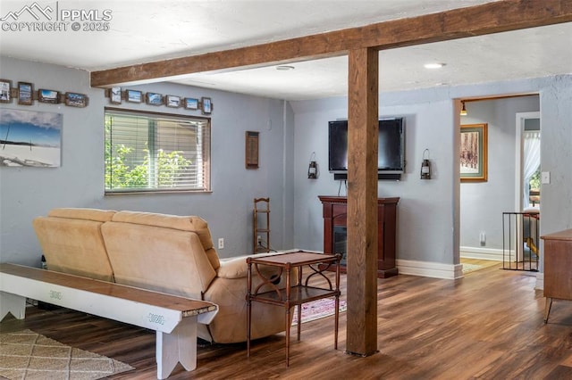 4440 Heizer St, Cascade, CO 80809 - living area with wood finished floors, beamed ceiling, and a glass covered fireplace