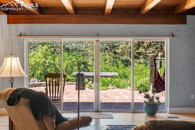 4440 Heizer St, Cascade, CO 80809 - living area with a wood ceiling with exposed beams, a textured wall, and wood finished floors