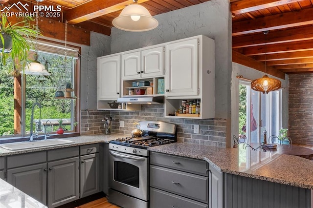 4440 Heizer St, Cascade, CO 80809 - kitchen featuring stainless steel gas stove, gray cabinets, a wooden ceiling with exposed beams, backsplash, and open shelves