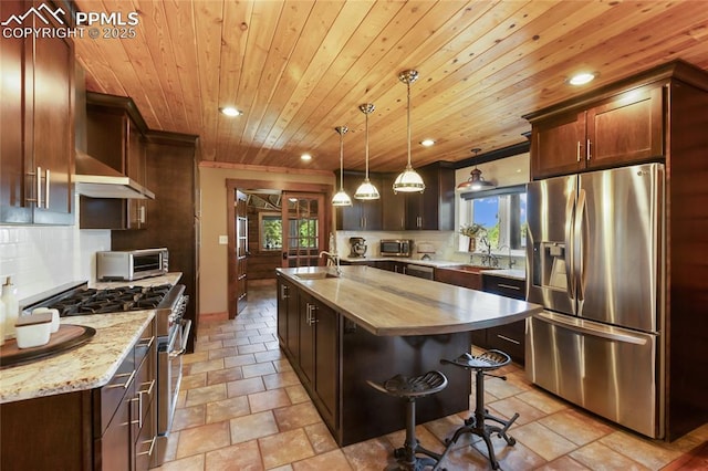 101 Daniwood Grv, Florissant, CO 80816 - kitchen with stainless steel appliances, wooden ceiling, healthy amount of natural light, recessed lighting, and decorative backsplash