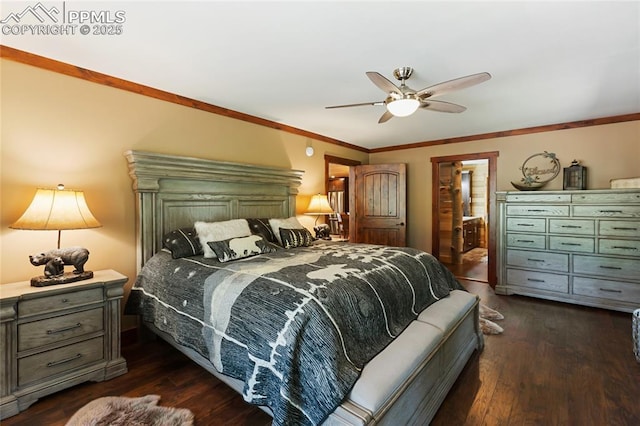 101 Daniwood Grv, Florissant, CO 80816 - bedroom featuring dark wood finished floors, ceiling fan, ornamental molding, and ensuite bathroom