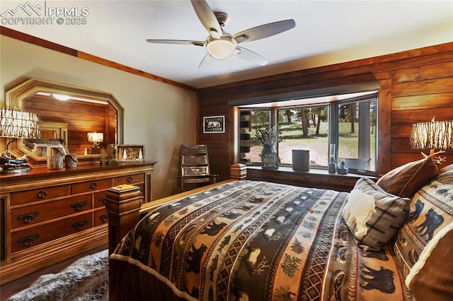 101 Daniwood Grv, Florissant, CO 80816 - bedroom with a ceiling fan and rustic walls
