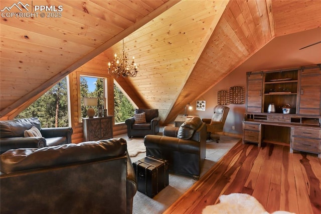 101 Daniwood Grv, Florissant, CO 80816 - living room featuring wood-type flooring, wooden ceiling, vaulted ceiling, and a chandelier