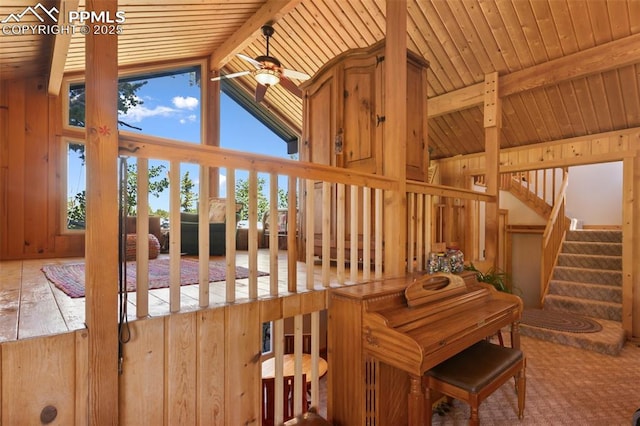 47 Red Cloud Rd, Woodland Park, CO 80863 - staircase with a wood ceiling with exposed beams and high vaulted ceiling