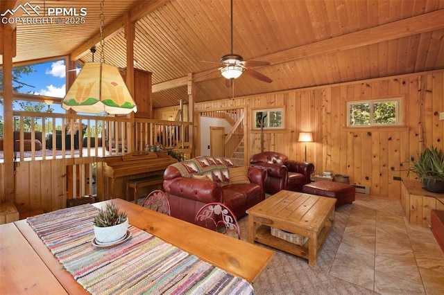 47 Red Cloud Rd, Woodland Park, CO 80863 - living room with wooden ceiling, ceiling fan, wood walls, baseboard heating, and stairway