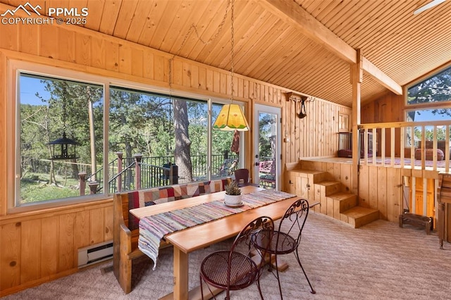 47 Red Cloud Rd, Woodland Park, CO 80863 - dining space with wood walls, wood ceiling, carpet, and healthy amount of natural light