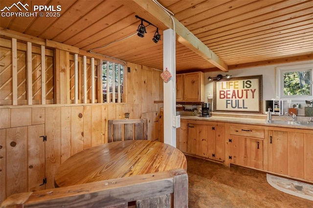 47 Red Cloud Rd, Woodland Park, CO 80863 - kitchen featuring light brown cabinets, wooden ceiling, light countertops, and wooden walls