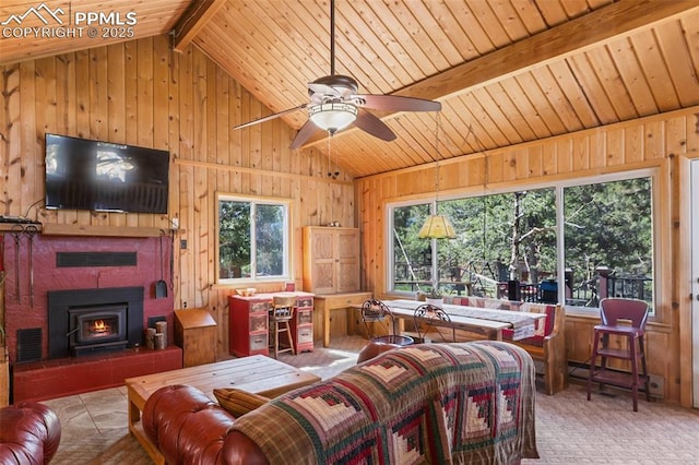 47 Red Cloud Rd, Woodland Park, CO 80863 - living area featuring wooden ceiling, wood walls, and ceiling fan