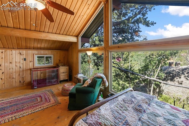 47 Red Cloud Rd, Woodland Park, CO 80863 - bedroom featuring wooden walls, hardwood / wood-style floors, and wood ceiling