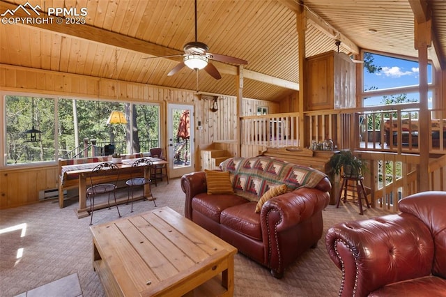 47 Red Cloud Rd, Woodland Park, CO 80863 - living room featuring wooden walls, wooden ceiling, plenty of natural light, ceiling fan, and carpet floors