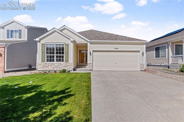 6534 Harvey Ln, Colorado Springs, CO 80923 - view of front of home with an attached garage, stone siding, driveway, a front yard, and a shingled roof
