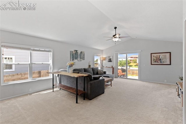 6534 Harvey Ln, Colorado Springs, CO 80923 - carpeted living area featuring a ceiling fan and lofted ceiling