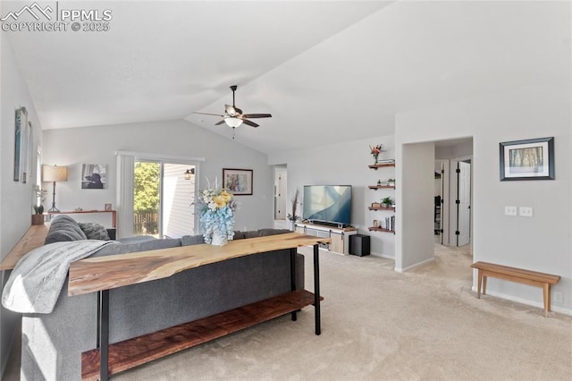 6534 Harvey Ln, Colorado Springs, CO 80923 - bedroom featuring vaulted ceiling, light carpet, and a ceiling fan