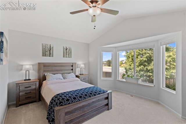 6534 Harvey Ln, Colorado Springs, CO 80923 - bedroom with carpet flooring, vaulted ceiling, and a ceiling fan