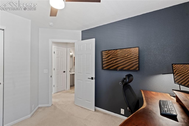 6534 Harvey Ln, Colorado Springs, CO 80923 - home office featuring light carpet and ceiling fan
