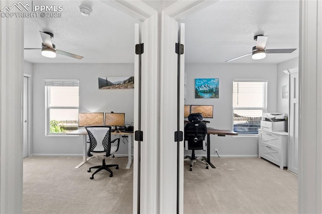 6534 Harvey Ln, Colorado Springs, CO 80923 - office area featuring a ceiling fan, light carpet, a textured ceiling, and healthy amount of natural light