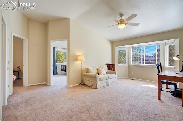 2355 Sawgrass Ct, Colorado Springs, CO 80907 - home office with carpet floors, a ceiling fan, and lofted ceiling