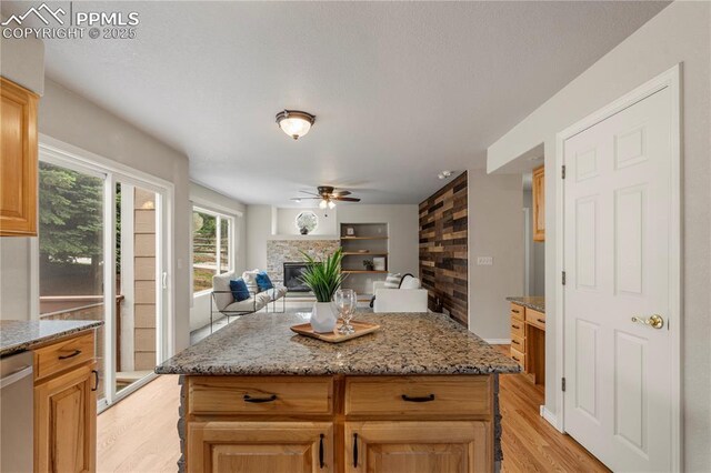 1410 Almagre Peak Dr, Colorado Springs, CO 80921 - kitchen with a stone fireplace, light wood-type flooring, stainless steel dishwasher, ceiling fan, and light stone counters