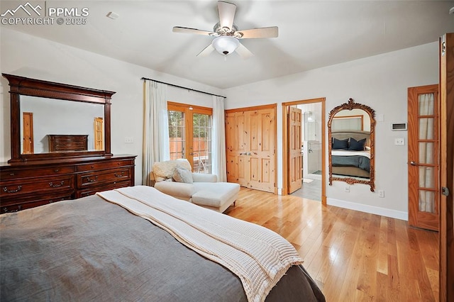 225 Laclede Ct, Colorado Springs, CO 80905 - bedroom featuring french doors, light wood-style floors, ensuite bathroom, and a ceiling fan