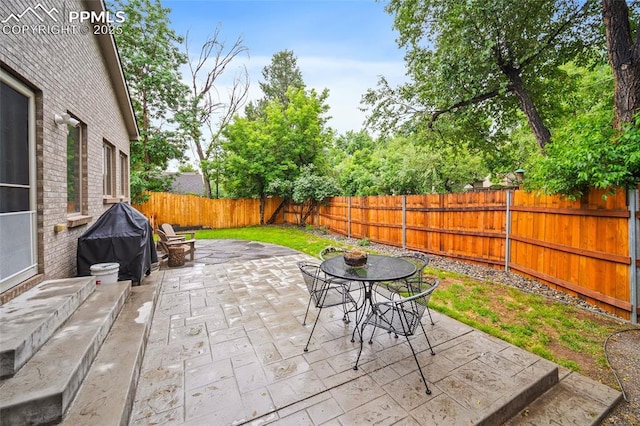 225 Laclede Ct, Colorado Springs, CO 80905 - fenced backyard with grilling area, a patio, and outdoor dining space