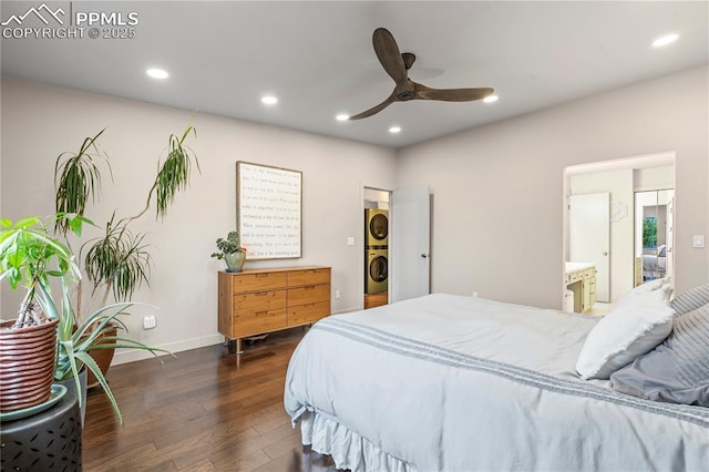 910 Fontmore Rd Unit D, Colorado Springs, CO 80904 - bedroom with estacked washer and dryer, dark wood-style flooring, recessed lighting, and a ceiling fan