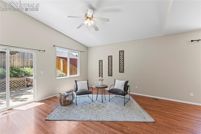 3025 Ebbtide Vw, Colorado Springs, CO 80922 - sitting room with vaulted ceiling, ceiling fan, and wood finished floors