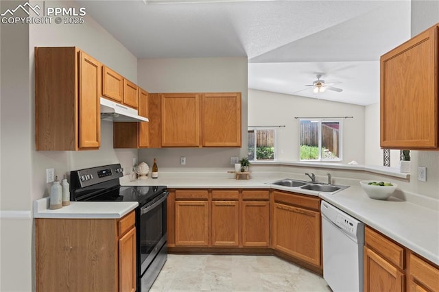 3025 Ebbtide Vw, Colorado Springs, CO 80922 - kitchen with black electric range, dishwasher, under cabinet range hood, a ceiling fan, and light countertops