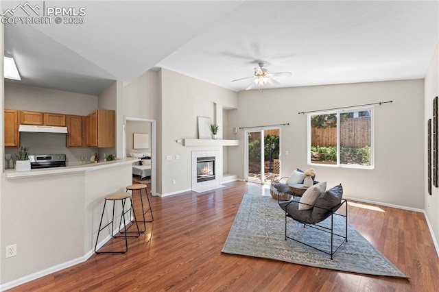 3025 Ebbtide Vw, Colorado Springs, CO 80922 - living room with ceiling fan, wood finished floors, and a tile fireplace