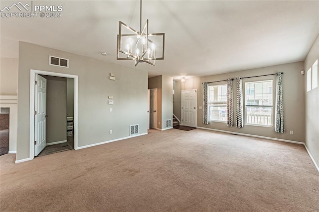 2513 Gilpin Ave, Colorado Springs, CO 80910 - unfurnished living room featuring carpet floors and a chandelier