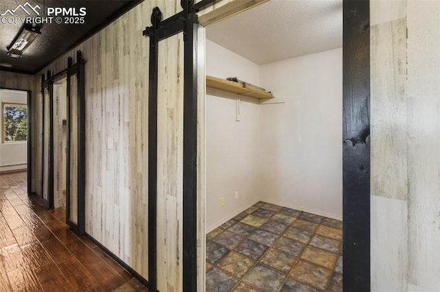 517 Drees Dr, Florissant, CO 80816 - corridor featuring a barn door, wooden walls, and a baseboard radiator