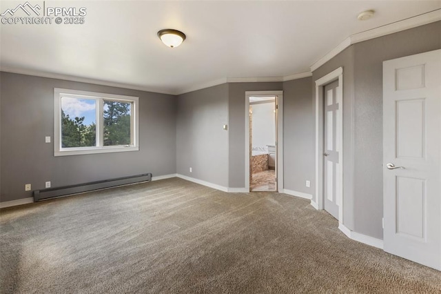 517 Drees Dr, Florissant, CO 80816 - unfurnished bedroom featuring a baseboard radiator, carpet floors, ornamental molding, and ensuite bathroom