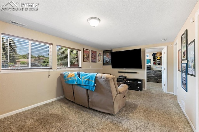 614 Bickley St, Colorado Springs, CO 80911 - carpeted living area featuring a textured ceiling and baseboards