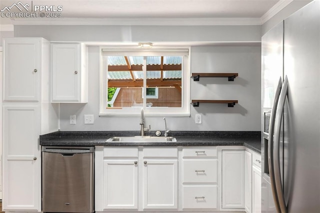 1406 N Foote Ave, Colorado Springs, CO 80909 - kitchen with appliances with stainless steel finishes, white cabinets, crown molding, dark countertops, and open shelves
