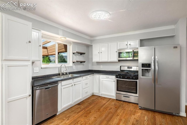 1406 N Foote Ave, Colorado Springs, CO 80909 - kitchen with stainless steel appliances, open shelves, dark countertops, white cabinetry, and crown molding