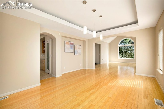 19170 Lochmere Ct, Monument, CO 80132 - unfurnished room featuring arched walkways, a tray ceiling, and light wood-style floors