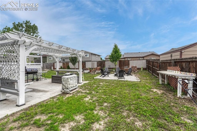 7262 Lone Eagle Ln, Colorado Springs, CO 80925 - fenced backyard featuring a fire pit, a pergola, and a patio