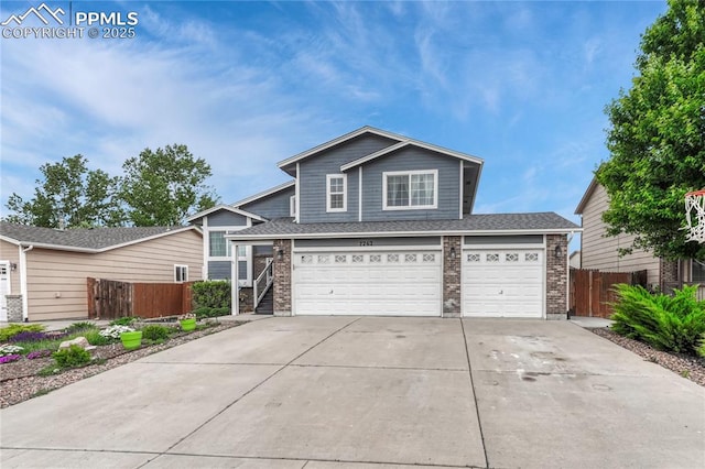 7262 Lone Eagle Ln, Colorado Springs, CO 80925 - view of front of property with driveway, brick siding, a garage, and a shingled roof