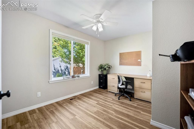3470 Whimbrel Ln, Colorado Springs, CO 80906 - home office with light wood-style floors and a ceiling fan