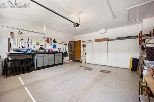3470 Whimbrel Ln, Colorado Springs, CO 80906 - garage featuring a garage door opener and a workshop area