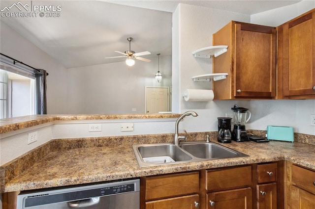 7104 Ash Creek Hts Unit 203, Colorado Springs, CO 80922 - kitchen featuring stainless steel dishwasher, brown cabinetry, ceiling fan, open shelves, and light countertops