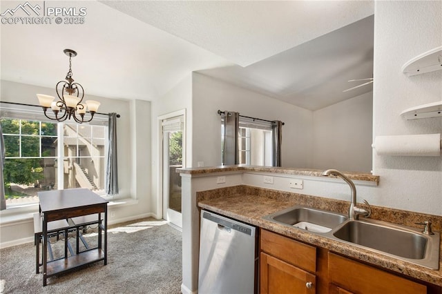 7104 Ash Creek Hts Unit 203, Colorado Springs, CO 80922 - kitchen with dishwasher, brown cabinetry, carpet, and healthy amount of natural light