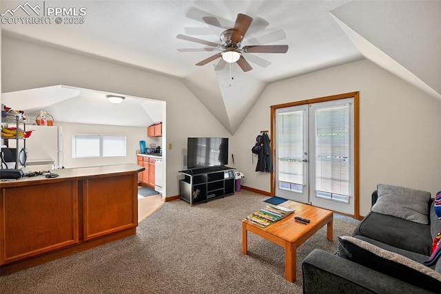 823 N Corona St, Colorado Springs, CO 80903 - living area with lofted ceiling, light carpet, ceiling fan, and french doors