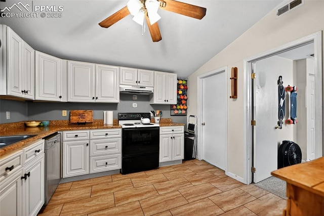 823 N Corona St, Colorado Springs, CO 80903 - kitchen with electric stove, dishwasher, lofted ceiling, a ceiling fan, and white cabinets